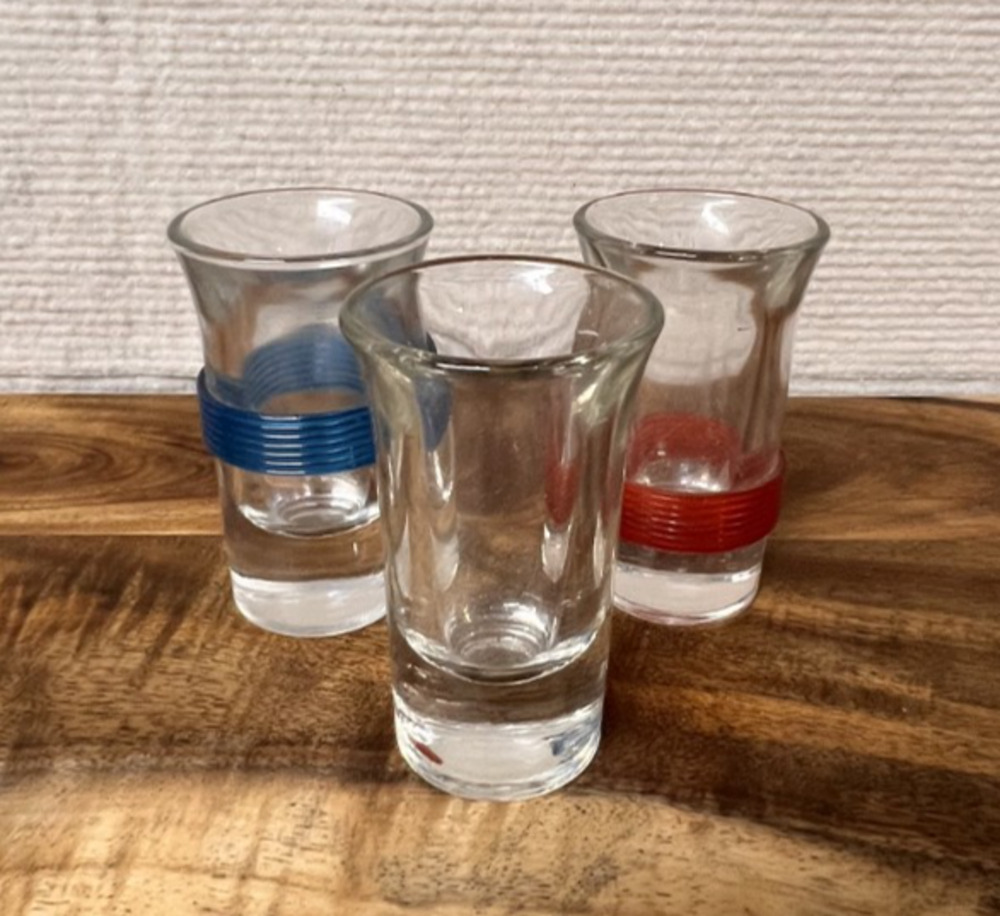 Vintage Tsing Tao MCM Banded (Celluloid) Shot Glass Set of 3 Multi Color
